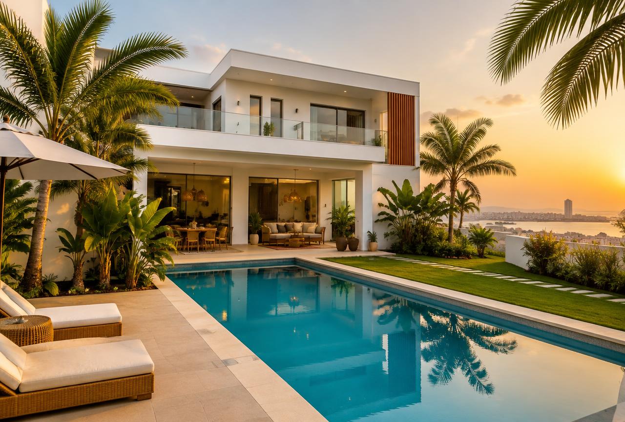 Villa blanche avec piscine au coucher du soleil